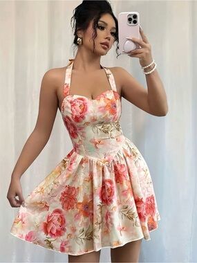 Floral halter sweetheart neck line dress